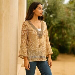 Bella Tu Beaded Tan Animal Print Boho Bell Sleeve Sheer Blouse Top Size XS